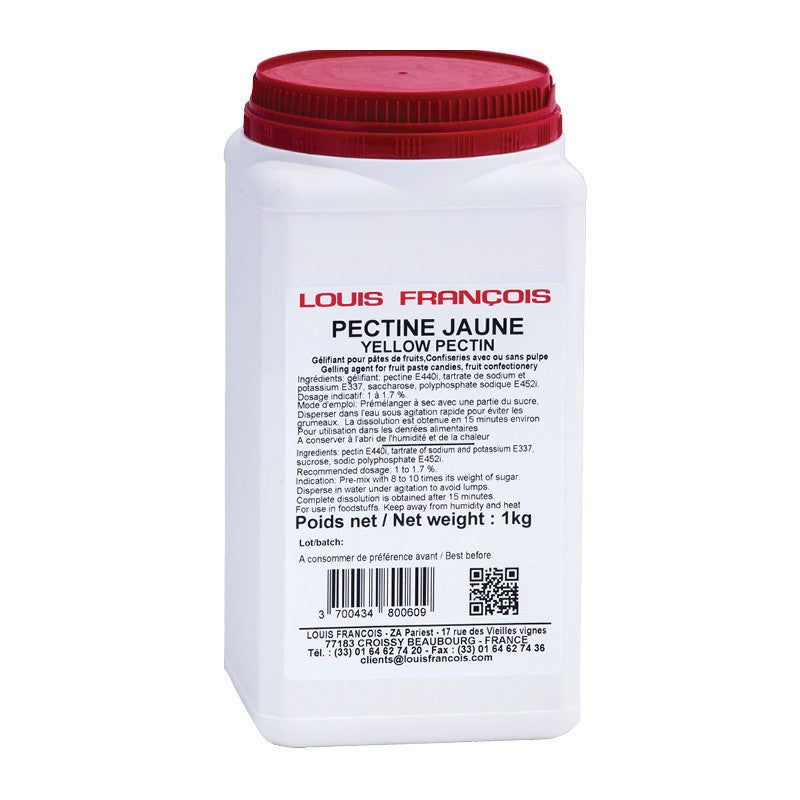 Louis Francois yellow pectin container with red lid on a white background