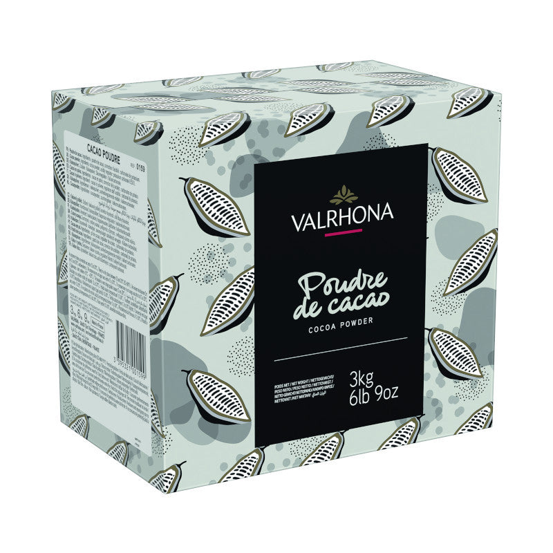 Valrhona cocoa powder packaging with cacao bean design on a light green background