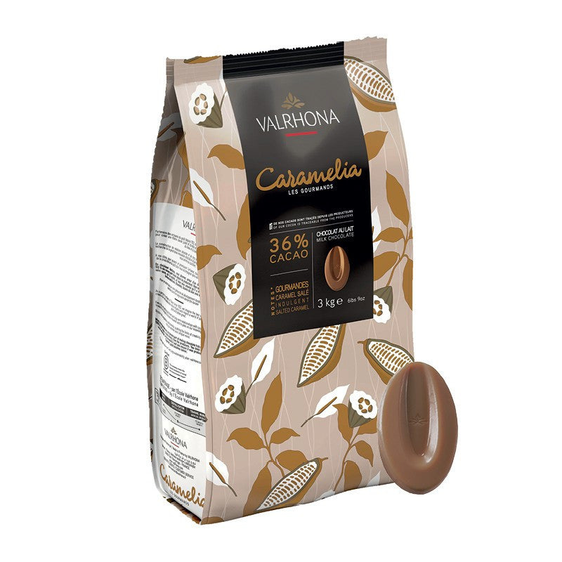 Valrhona Caramelia chocolate packaging with floral design on a white background