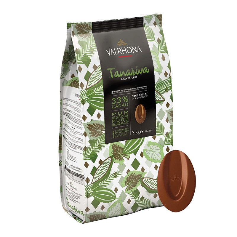 Valrhona chocolate packaging with a piece of chocolate on a white background