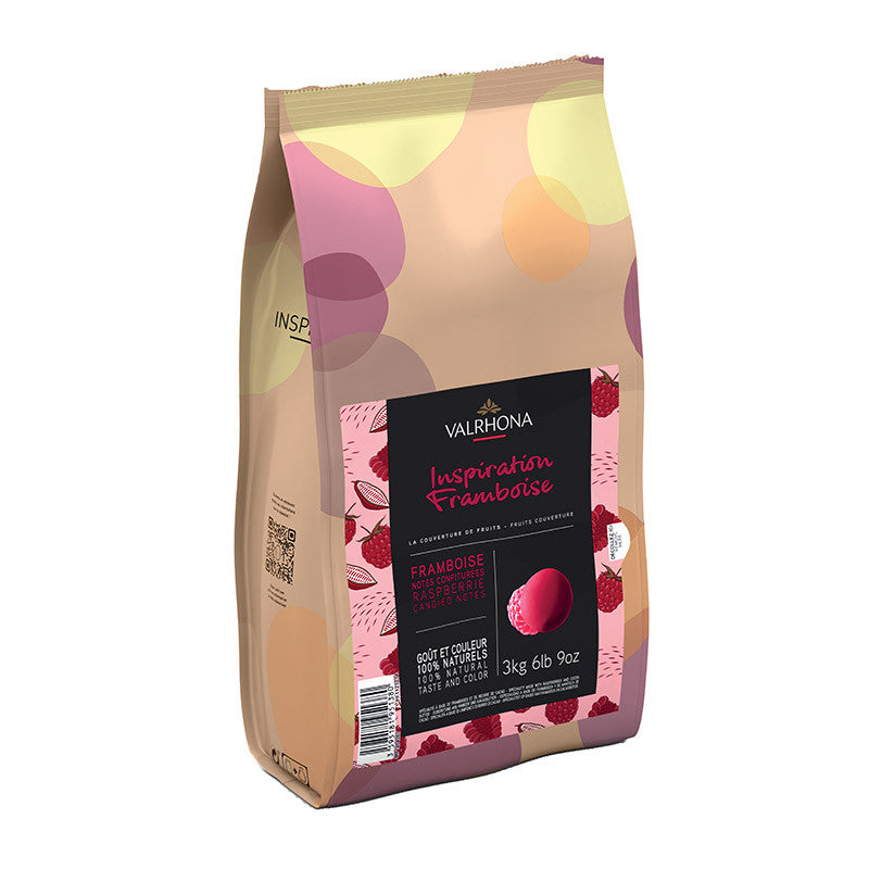 Valrhona chocolate packaging with raspberry design on a white background