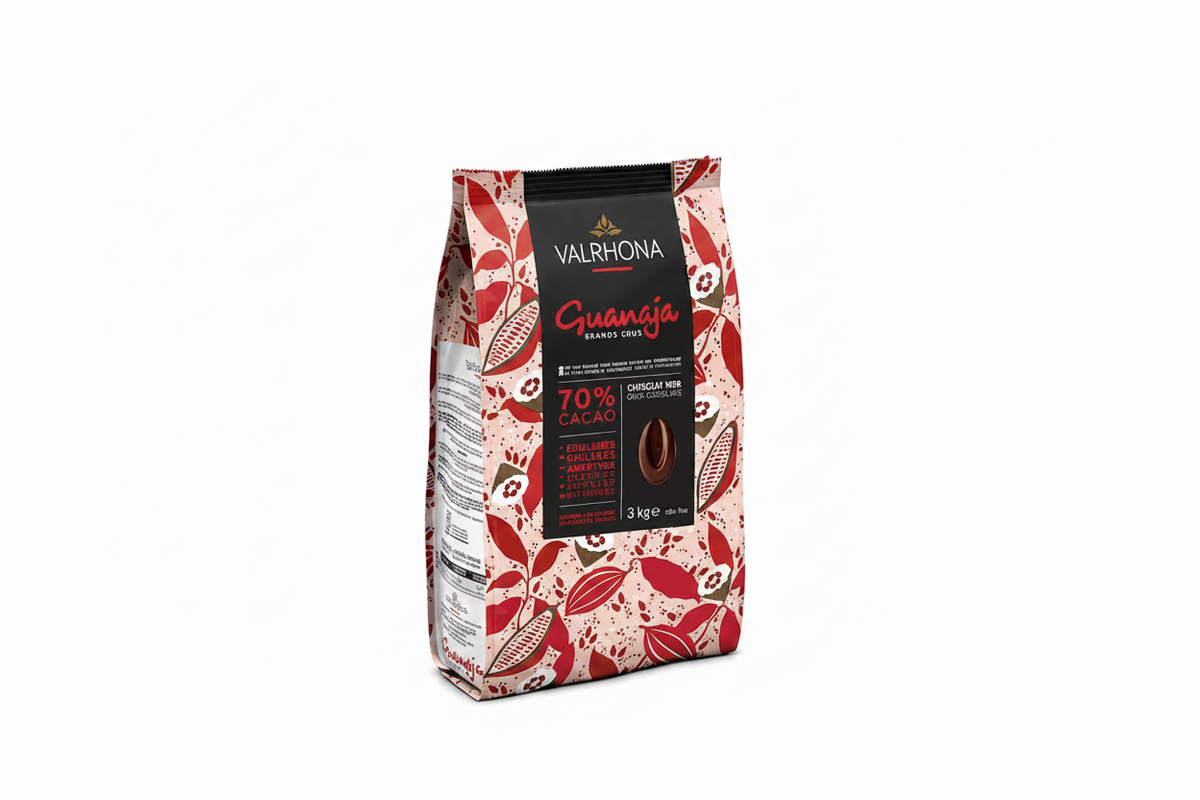 Valrhona chocolate packaging with red and white design on a white background